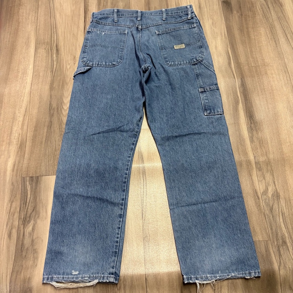 Wrangler Carpenter Jeans Light Wash Blue Denim 34x32 94LSWDV Distressed Workwear